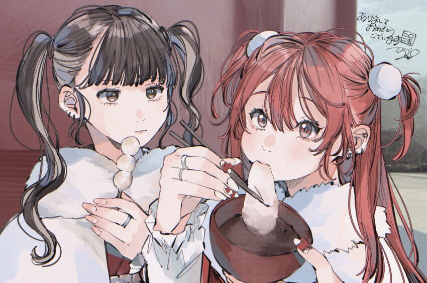 2girls black_eyes black_hair blush chopsticks closed_mouth commentary dango ear_piercing eating english_commentary food grey_eyes grey_hair hair_between_eyes highres holding holding_chopsticks inkya_gyaru_demo_ikigaritai! jewelry kashiwagi_tsukiko kuran_arisa long_sleeves mochi multicolored_hair multiple_girls multiple_rings nail_polish ogino_ichiko piercing red_hair ring streaked_hair translation_request twintails upper_body wagashi white_nails