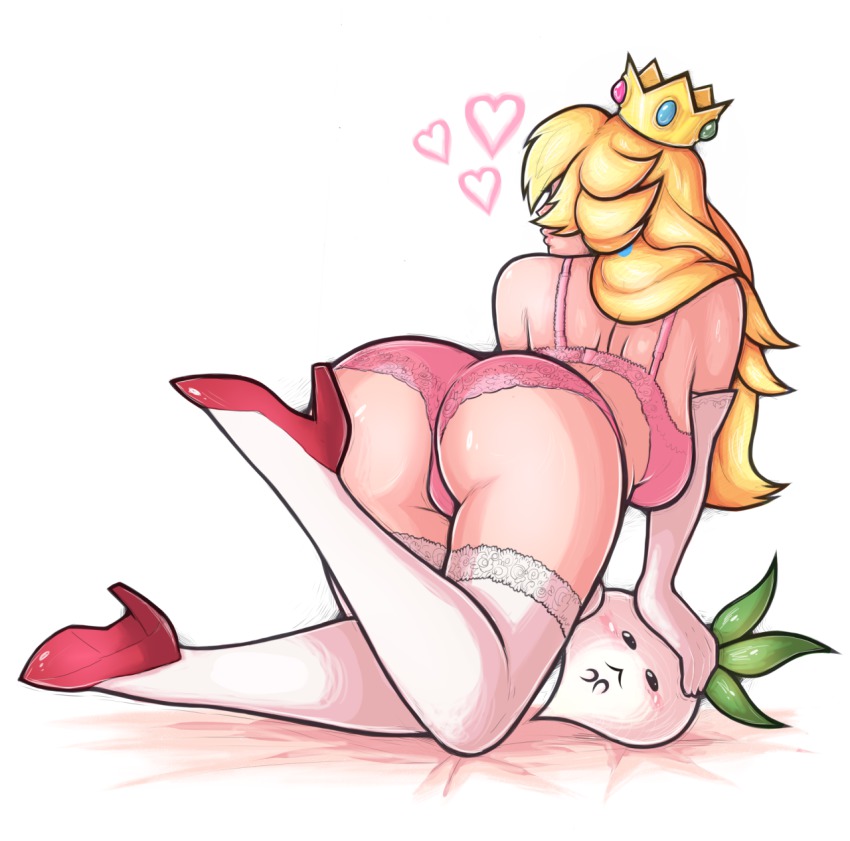 1girl all_fours ass blonde_hair bra crown earrings elbow_gloves female_focus from_behind gloves heart high_heels highres huge_ass jewelry lingerie mario_(series) nintendo panties pink_bra pink_panties princess_peach radish simple_background solo super_mario_bros._1 super_mario_bros._2 tabletorgy thighhighs underwear white_background white_gloves