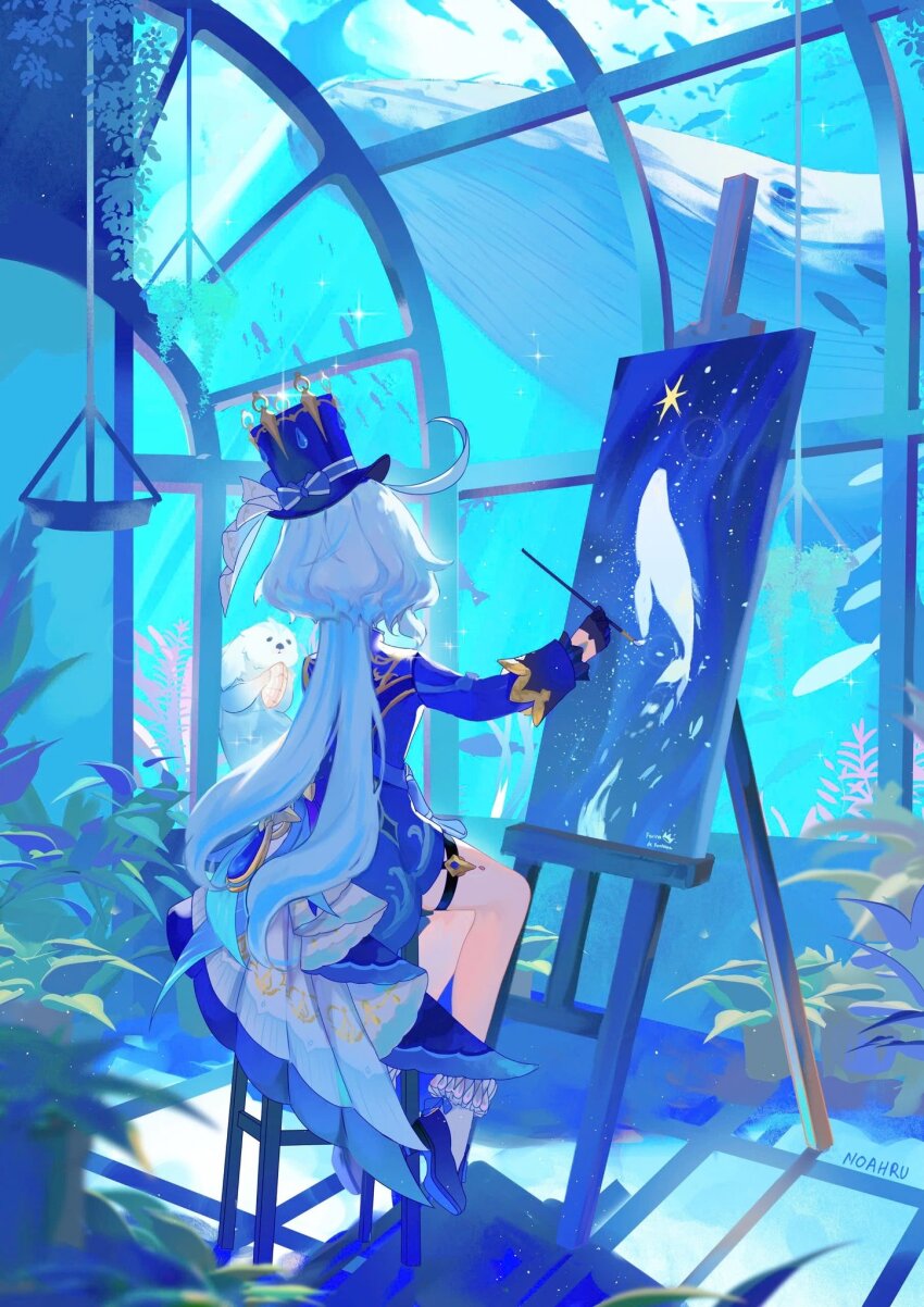 1girl ahoge all-devouring_narwhal_(genshin_impact) artist_name black_gloves blue_bow blue_footwear blue_hair blue_jacket bow canvas_(object) commentary easel english_text from_behind furina_(genshin_impact) genshin_impact gloves hat hat_bow highres holding holding_paintbrush indoors jacket leisurely_otter_(genshin_impact) light_blue_hair long_hair long_sleeves multicolored_hair paintbrush painting_(action) sitting solo streaked_hair symbol-only_commentary thigh_strap very_long_hair white_hair xnoahru