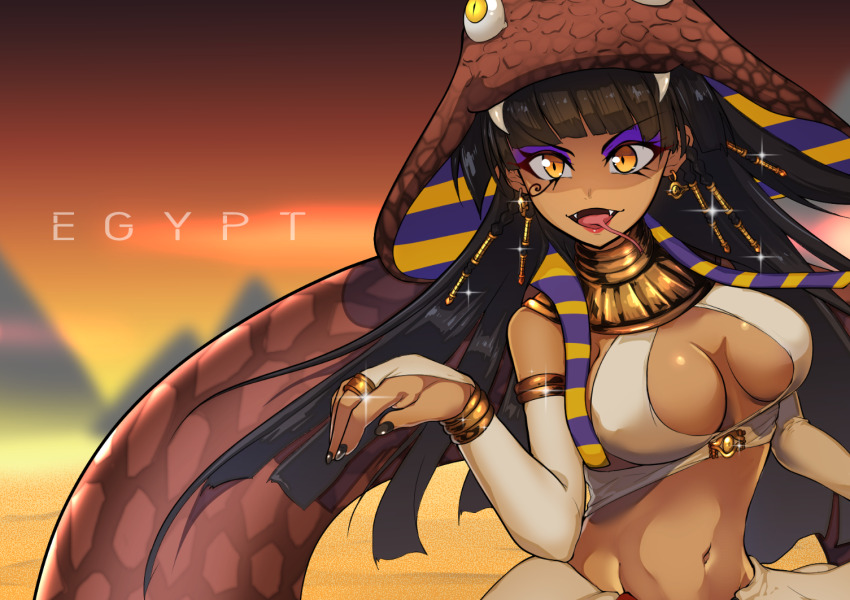 1girl black_hair black_nails blunt_bangs blurry blurry_background breasts dark-skinned_female dark_skin egyptian egyptian_clothes eyeshadow forked_tongue hime_cut long_hair looking_at_viewer makeup off_shoulder open_mouth original purple_eyeshadow revealing_clothes ryuu_tou smile snake_girl solo tongue