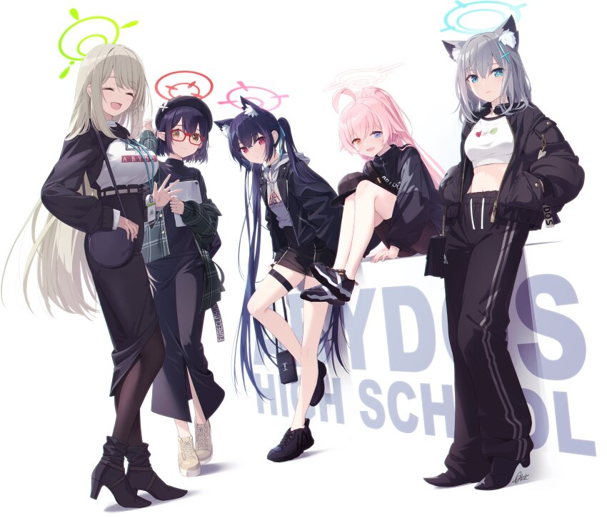 5girls absurdres ahoge alternate_costume animal_ear_fluff animal_ears ayane_(blue_archive) azumi_akitake beret black_footwear black_hair black_hat black_jacket black_pants black_pantyhose black_skirt blue_archive blue_eyes blue_ribbon blush cat cat_ears closed_eyes closed_mouth clothes_writing extra_ears foreclosure_task_force_(blue_archive) full_body glasses green_jacket grey_hoodie hair_between_eyes hair_ribbon halo hat heterochromia highres holding holding_tablet_pc hood hoodie hoshino_(blue_archive) jacket long_hair long_skirt long_sleeves looking_at_viewer multiple_girls navel nonomi_(blue_archive) open_clothes open_jacket pants pantyhose pink_hair pink_halo plaid_clothes plaid_jacket pointy_ears red-framed_eyewear red_eyes ribbon serika_(blue_archive) shiroko_(blue_archive) shoes short_hair sidelocks simple_background skirt tablet_pc thigh_strap twintails white_background wolf_ears yellow_eyes