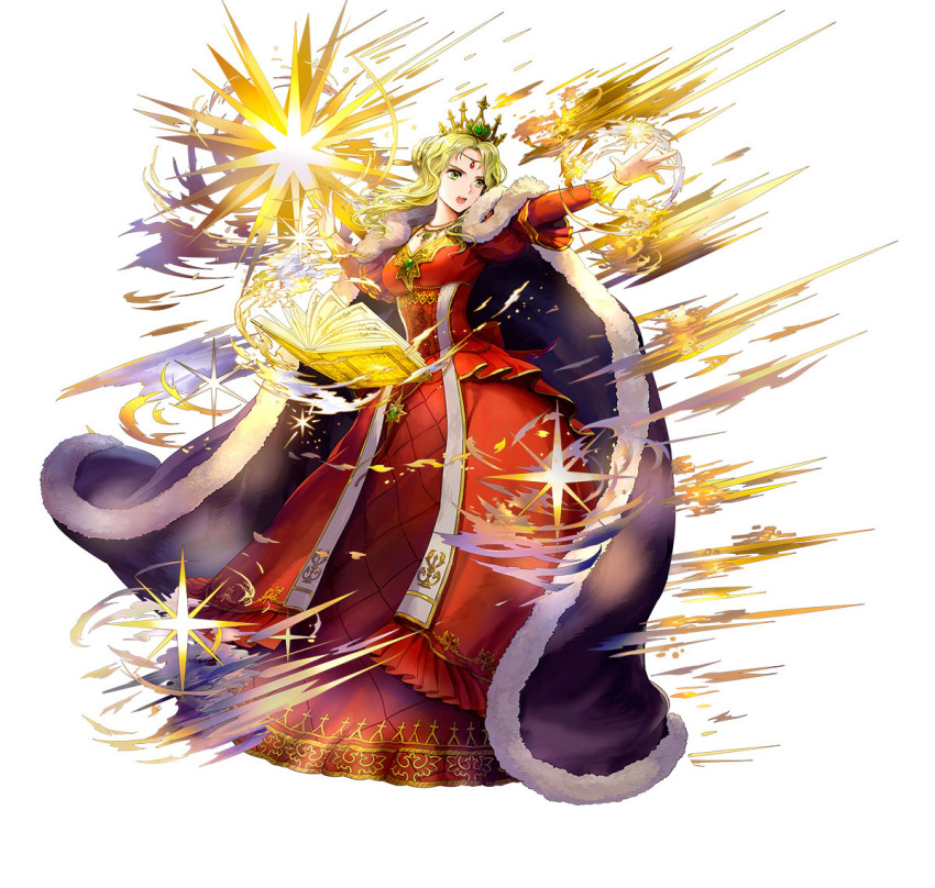 1girl asatani_tomoyo attack blonde_hair book breasts cape circlet cleavage dress fire_emblem fire_emblem:_the_binding_blade fire_emblem_heroes full_body fur-trimmed_cape fur_trim gold_trim green_eyes guinevere_(fire_emblem) hair_bun holding holding_book juliet_sleeves light long_hair long_sleeves magic medium_breasts nintendo official_alternate_costume official_alternate_hairstyle official_art open_book open_mouth puffy_sleeves purple_cape red_dress shine single_hair_bun solo third-party_source v-shaped_eyebrows white_background