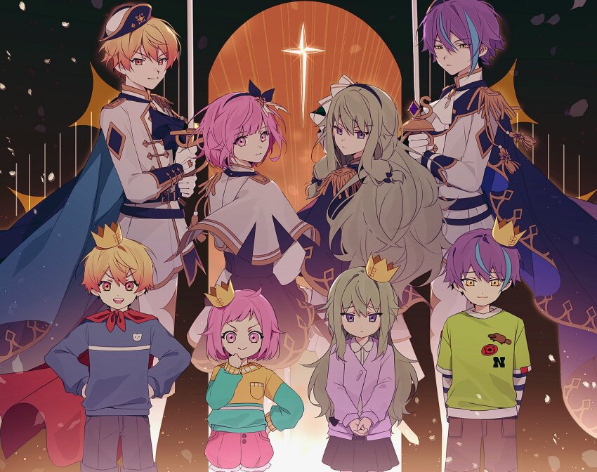 2boys 2girls age_comparison age_progression ascot blonde_hair blue_ascot blue_hair bow cape capelet child closed_mouth collared_shirt commentary crown gold_trim gradient_hair green_hair hair_between_eyes hairband highres holding holding_sword holding_weapon jacket kamishiro_rui kusanagi_nene long_hair long_sleeves looking_at_viewer looking_back multicolored_hair multiple_boys multiple_girls ootori_emu open_mouth orange_eyes orange_hair pink_eyes pink_hair project_sekai purple_eyes purple_hair red_cape shirt short_hair skirt smile streaked_hair sword symbol-only_commentary tassel tenma_tsukasa the_power_of_regret_(project_sekai) two-tone_hair weapon white_capelet wonderlands_x_showtime_(project_sekai) yellow_eyes yuja03lelee