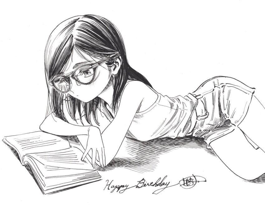 1girl book glasses happy_birthday high-waist_shorts hiro_(dismaless) lying monochrome on_stomach original reading shorts