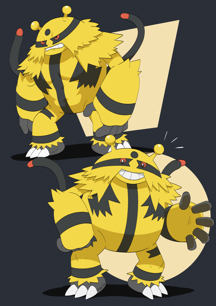 absurdres creatures_(company) electivire electricity game_freak gen_4_pokemon grin highres looking_at_viewer multiple_views muscular nintendo no_humans pokemon pokemon_(creature) red_eyes smile spray_poka standing teeth yellow_fur