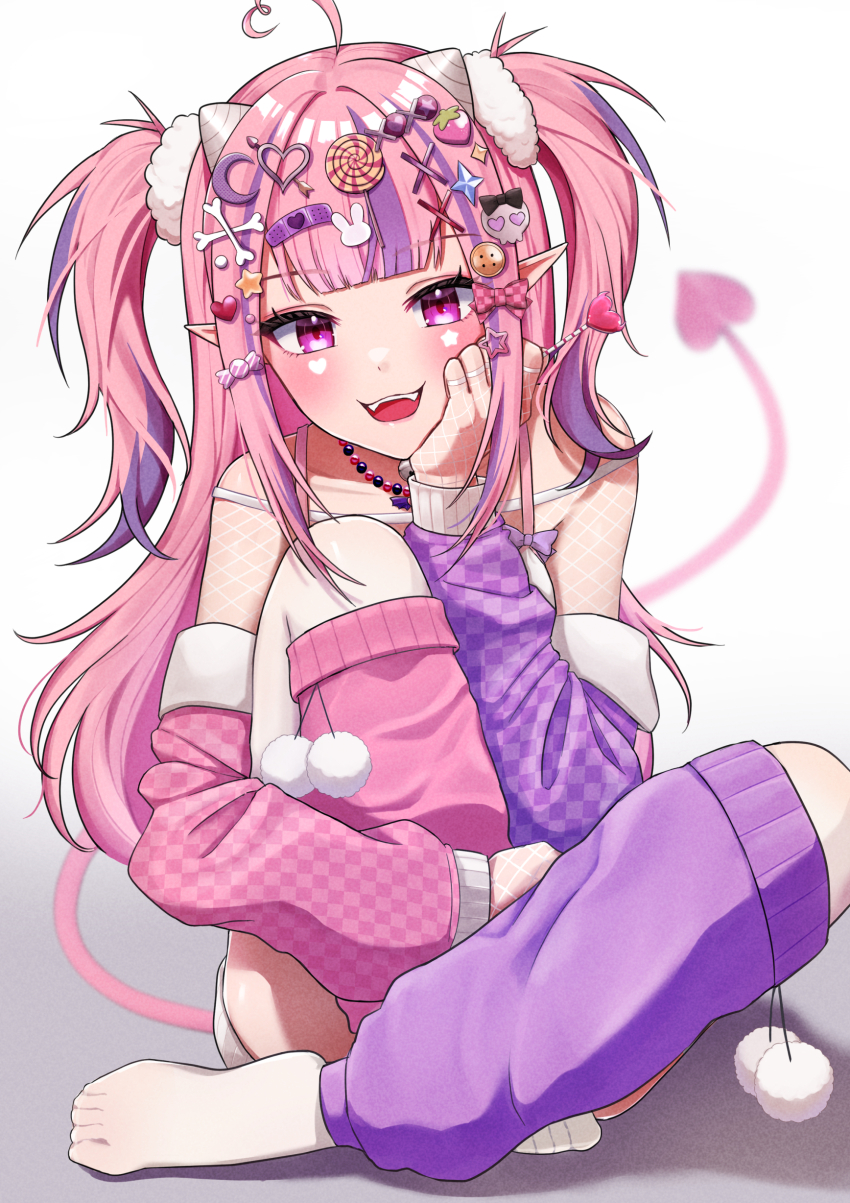 1girl absurdres ahoge bare_shoulders blush demon_girl demon_horns demon_tail detached_sleeves hair_ornament hairpin heart heart_ahoge heterochromia highres horns ironmouse jewelry konatsu_miki leg_up leg_warmers long_hair looking_at_viewer multicolored_hair multiple_hairpins pink_hair pink_leg_warmers pink_sleeves pointy_ears purple_eyes purple_hair purple_leg_warmers purple_sleeves red_eyes ring smile solo streaked_hair tail twintails virtual_youtuber vshojo
