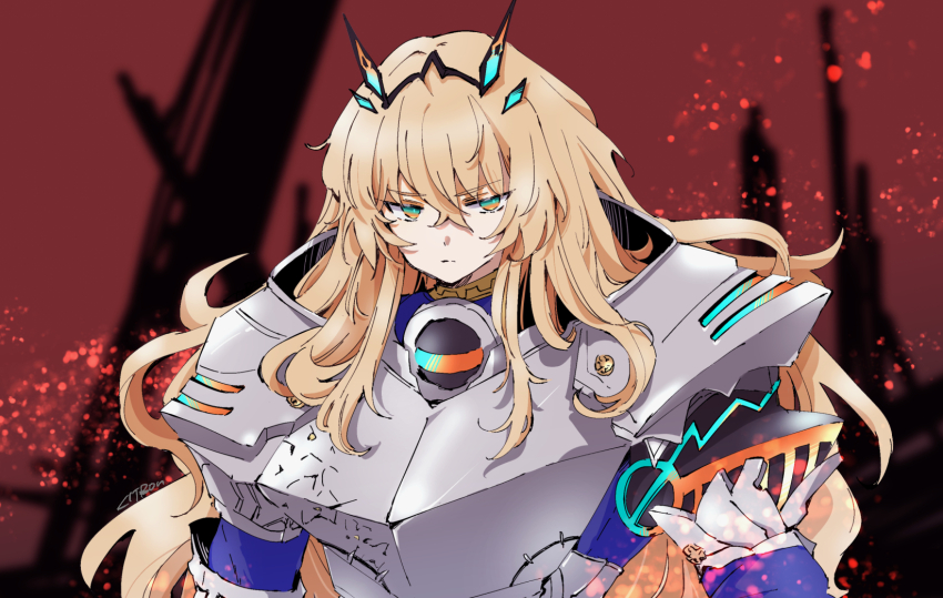 1girl armor artist_name barghest_(fate) blonde_hair blue_eyes breastplate citron80citron closed_mouth fate/grand_order fate_(series) hair_between_eyes hair_ornament highres long_hair looking_at_viewer multicolored_eyes pauldrons shoulder_armor solo upper_body