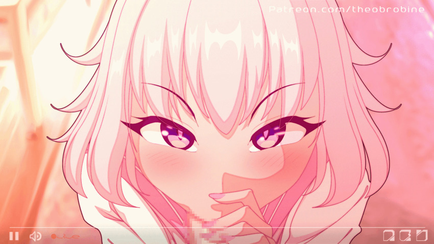 2boys animated animated_gif astolfo_(fate) blush censored crossdressing fate/grand_order fate_(series) fellatio highres looking_at_viewer looping_animation male_focus multiple_boys nail_polish oral penis pink_hair pov purple_eyes stream theobrobine trap yaoi