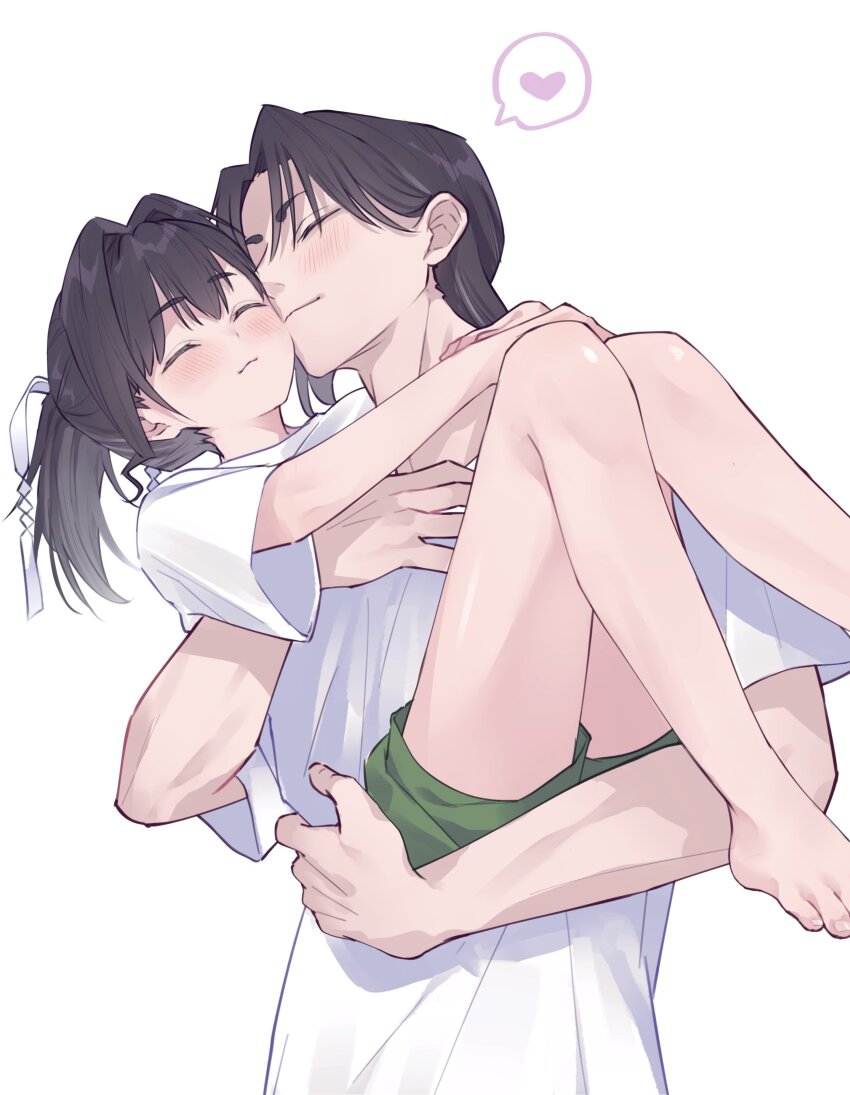 2boys :3 absurdres barefoot black_hair blush carrying carrying_person cheek-to-cheek commentary_request contemporary feet green_shorts heads_together heart highres houjou_tokiyuki_(nige_jouzu_no_wakagimi) long_hair multiple_boys nige_jouzu_no_wakagimi oshioganen shirt short_sleeves shorts simple_background smile spoken_heart suwa_yorishige suwa_yorishige_(nige_jouzu_no_wakagimi) thighs toes trap upper_body white_background white_shirt yaoi