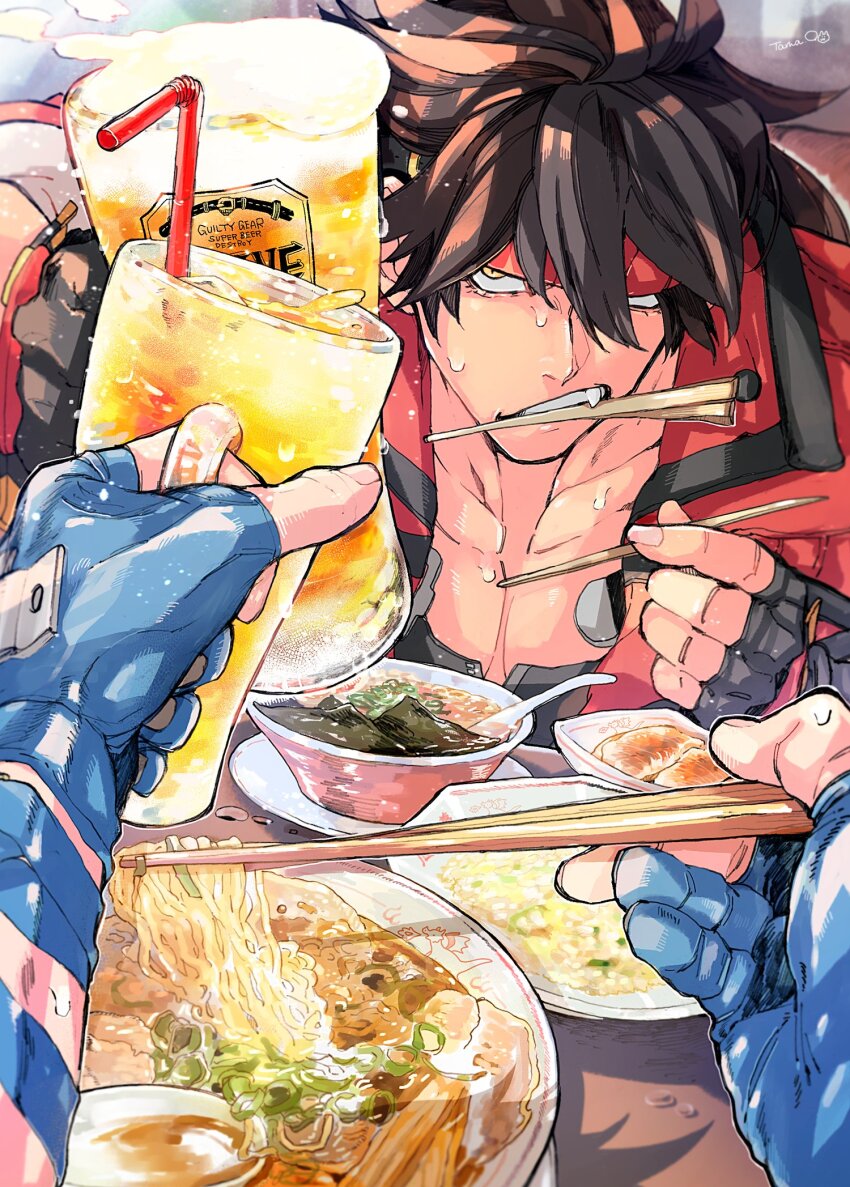 1_ssmk 2boys alcohol beer blue_gloves brown_hair chopsticks cup eating food gloves guilty_gear guilty_gear_strive highres holding holding_chopsticks holding_cup ky_kiske male_focus multiple_boys muscular muscular_male noodles ramen red_vest sol_badguy toasting_(gesture) vest