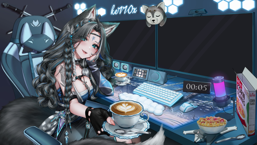 aegyo_sal animal_ears black_gloves black_hair blue_eyes blush bowl cereal cereal_box chair commission computer_keyboard computer_mouse cup fingerless_gloves gaming_chair gloves hair_ornament highres indie_virtual_youtuber kell_(vtuber) looking_at_viewer microphone monitor multicolored_hair multiple_monitors open_mouth single_fingerless_glove sitting streaked_hair swivel_chair tail torusava virtual_youtuber wolf_ears wolf_girl wolf_tail