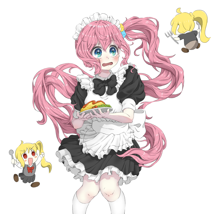 2girls apron black_bow black_bowtie blue_eyes blush bocchi_the_rock! bow bowtie chibi dress eyebrows_hidden_by_hair flat_chest food frilled_dress frills gotoh_hitori hair_between_eyes hair_bobbles hair_ornament hanaheeae999 highres holding holding_plate ijichi_nijika long_hair looking_at_another maid maid_apron maid_headdress multiple_girls omelet omurice open_mouth pink_hair plate ribbon shadow side_ponytail simple_background thighhighs very_long_hair waist_ribbon white_apron white_background white_headdress white_ribbon white_thighhighs white_wrist_cuffs wrist_cuffs