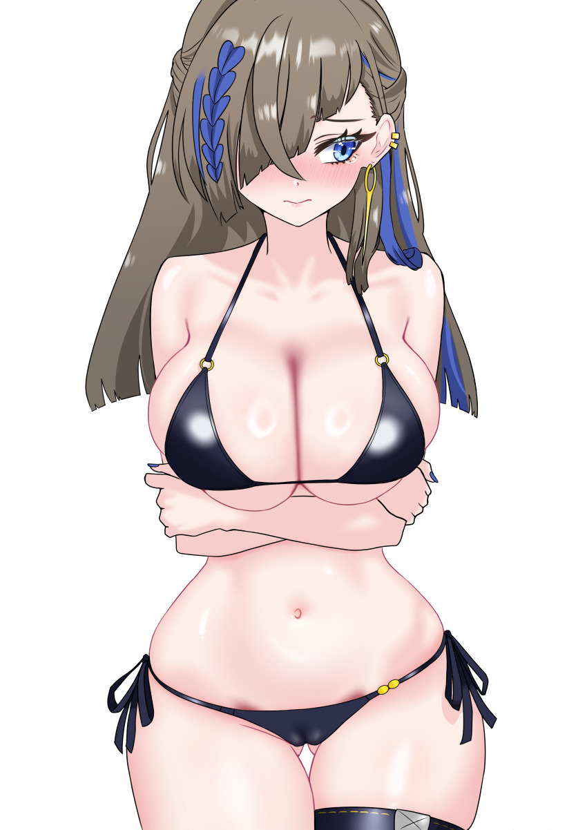 1girl absurdres bikini black_bikini blue_eyes breasts cameltoe cleavage cowboy_shot crossed_arms diagonal_bangs duel_monster embarrassed facing_viewer gluteal_fold grey_hair hair_over_one_eye highres huge_breasts looking_to_the_side navel oldsickkim solo swimsuit thick_thighs thighs white_background witchcrafter_haine yu-gi-oh!