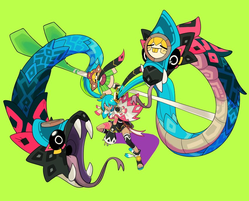 1girl absurdres adapted_costume aqua_eyes aqua_nails aztec_mythology black_dress cape detached_sleeves dress forked_tongue full_body fusion green_background hatsune_miku highres holding holding_polearm holding_weapon parted_lips polearm quetzalcoatl_(mythology) sandals shadow simple_background snake_hair tongue vocaloid weapon yukaslz