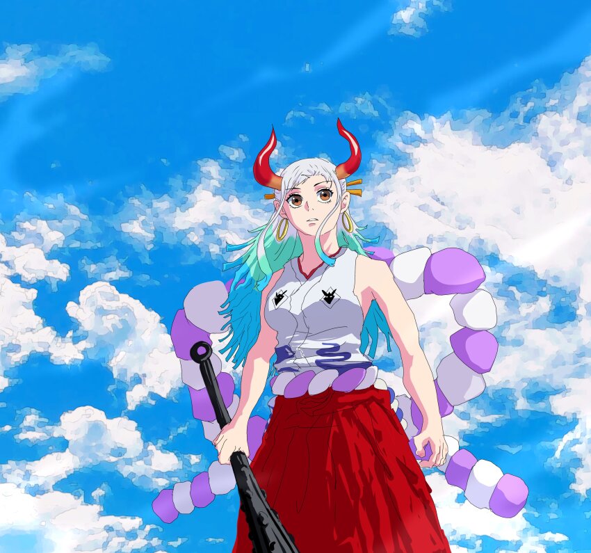 1girl abjsmi absurdres blue_hair cloud club club_(weapon) commentary_request cowboy earrings green_hair hair_ornament hakama highres holding holding_weapon horns japanese_clothes jewelry kanabou kimono looking_up one_piece ponytail red_hakama red_horns rope shimenawa sky sleeveless sleeveless_kimono solo weapon western white_hair white_kimono yamato_(one_piece)