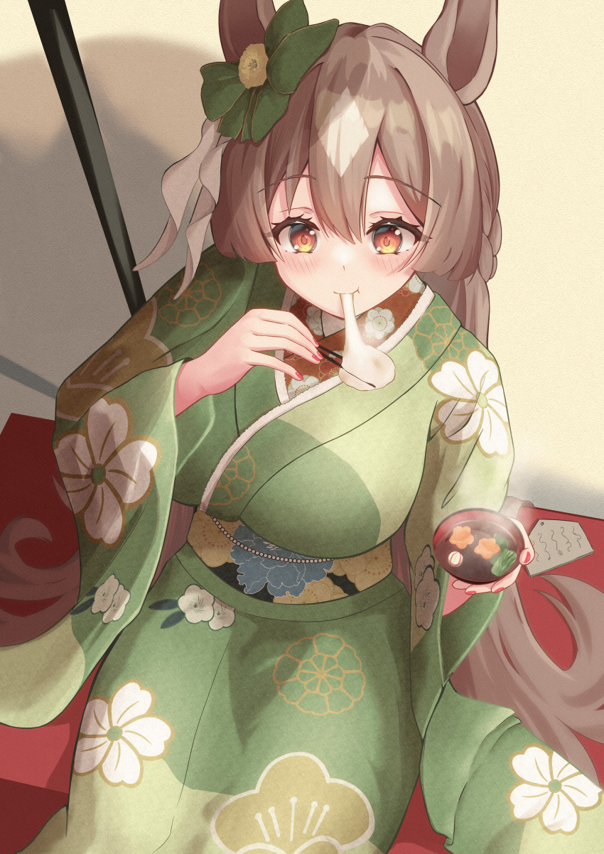 1girl absurdres alternate_costume animal_ears blush bowl breasts brown_hair chopsticks commentary_request floral_print floral_print_kimono food green_kimono hair_between_eyes highres holding holding_chopsticks horse_ears horse_girl horse_tail japanese_clothes kimono large_breasts long_hair mochi multicolored_hair nail_polish obi p1_fcoyaa print_kimono red_nails sash satono_diamond_(umamusume) sitting smile solo streaked_hair tail textless_version umamusume very_long_hair white_hair yellow_eyes