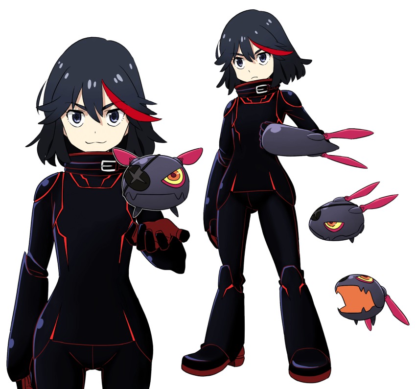 10s 1girl bad_id bad_pixiv_id black_bodysuit black_gloves bodysuit cosplay crossover eyepatch gloves hair_between_eyes highres kill_la_kill kuga_yuuma kuga_yuuma_(cosplay) matoi_ryuuko multicolored_hair o-nashi_neko replica senketsu simple_background two-tone_hair world_trigger