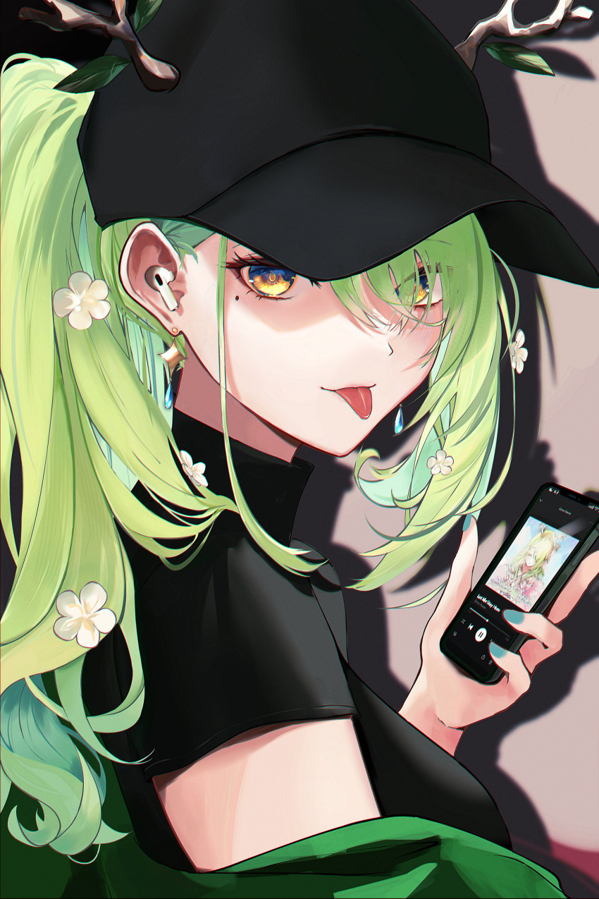 1girl absurdres antlers aqua_nails baseball_cap black_hat black_skirt breasts cellphone ceres_fauna earrings flower green_hair green_jacket hair_flower hair_ornament hat highres holding holding_phone hololive hololive_english horns jacket jewelry long_hair medium_breasts mole mole_under_eye phone skirt smartphone solo tongue tongue_out upper_body virtual_youtuber white_flower wireless_earphones xsilentred yellow_eyes