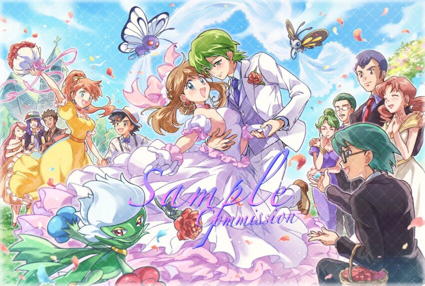 5girls 6+boys :d animal ash_ketchum basket beautifly bird black_hair blue_eyes blue_sky bouquet brock_(pokemon) brown_eyes brown_hair butterfree caroline_(pokemon) closed_eyes cloud couple creatures_(company) day dress drew_(pokemon) earrings falling_petals flower formal_clothes game_freak gen_1_pokemon gen_3_pokemon gen_4_pokemon glasses gloves green_eyes green_hair hair_ornament happy harley_(pokemon) hat hetero holding holding_basket holding_hands husband_and_wife jacket jewelry long_hair max_(pokemon) may_(pokemon) misty_(pokemon) multiple_boys multiple_girls necktie nintendo norman_(pokemon) open_mouth orange_hair outdoors pants petals pokemon ponytail purple_hair roserade shirt short_hair sky smile solidad_(pokemon) wedding wedding_dress white_gloves white_pants yellow_dress