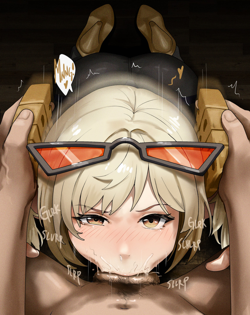 1boy 1girl absurdres ass blonde_hair blush breasts burnice_white commentary deepthroat english_commentary english_text eyewear_on_head fellatio hetero highres large_breasts looking_at_viewer male_pubic_hair motion_lines nisakusa oral orange_eyes pov pov_crotch pubic_hair solo_focus sunglasses zenless_zone_zero