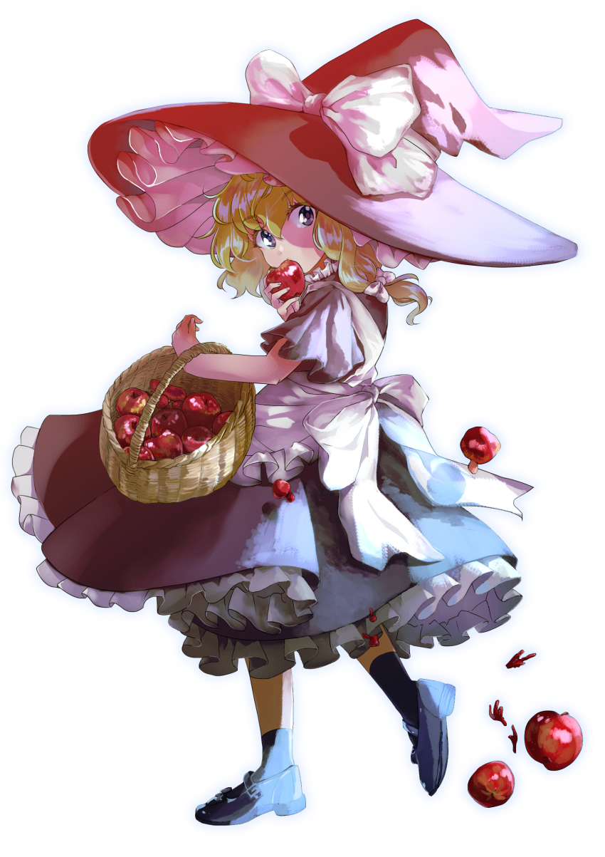 1girl absurdres apple apron basket black_hat black_shoes black_skirt blonde_hair bow eating female_focus fingernails food from_side fruit full_body grey_eyes hair_bow hat hat_bow highres holding holding_food holding_fruit kinosaki kirisame_marisa long_hair looking_at_viewer mushroom puffy_short_sleeves puffy_sleeves shoes short_sleeves simple_background single_sidelock skirt skirt_set socks solo touhou walking white_background white_bow witch_hat