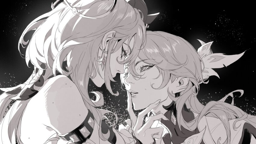 2girls absurdres bare_shoulders crmnlmlfhntr dress earrings eye_contact eyelashes finger_to_mouth greyscale griseo griseo_(cosmic_expression) hair_between_eyes hair_ornament hashtag-only_commentary highres honkai_(series) honkai_impact_3rd jewelry lips long_hair looking_at_another monochrome multiple_girls nose parted_lips vita_(honkai_impact) yuri