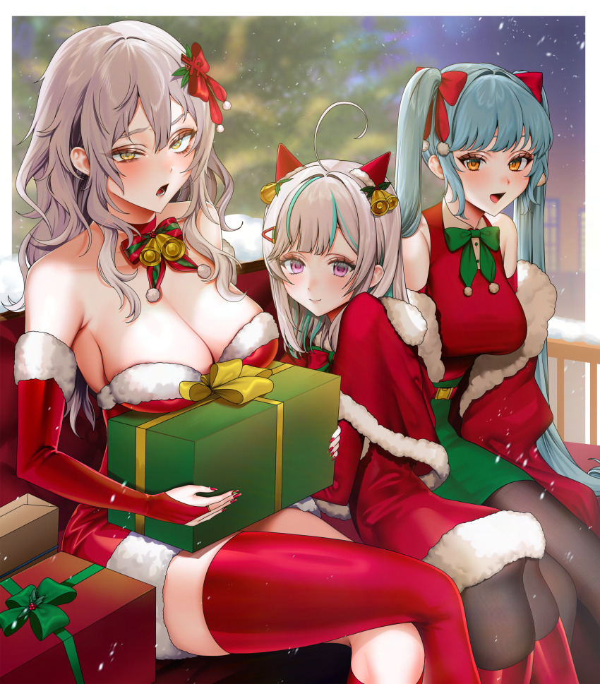 3girls absurdres admi_(nikke) alternate_costume bell black_pantyhose blue_hair blurry blurry_background bow breasts brown_eyes capelet christmas_tree closed_mouth dress goddess_of_victory:_nikke green_skirt grey_hair hair_bell hair_bow hair_ornament highres large_breasts long_hair looking_at_viewer multiple_girls night open_mouth outdoors pantyhose pink_eyes privaty_(nikke) red_bow red_capelet red_thighhighs santa_dress sitting skirt sleigh smile snowing thighhighs triangle_(nikke) twintails yellow_eyes ymr_yamero yulha_(nikke)