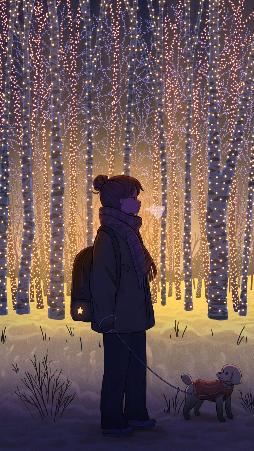 1girl backpack bag birch_tree black_hair black_pants brown_coat brown_footwear christmas_lights coat commentary_request dog forest highres long_sleeves nature night original outdoors pants pasoputi pet_walking scarf scenery sky snow solo standing star_(symbol) winter