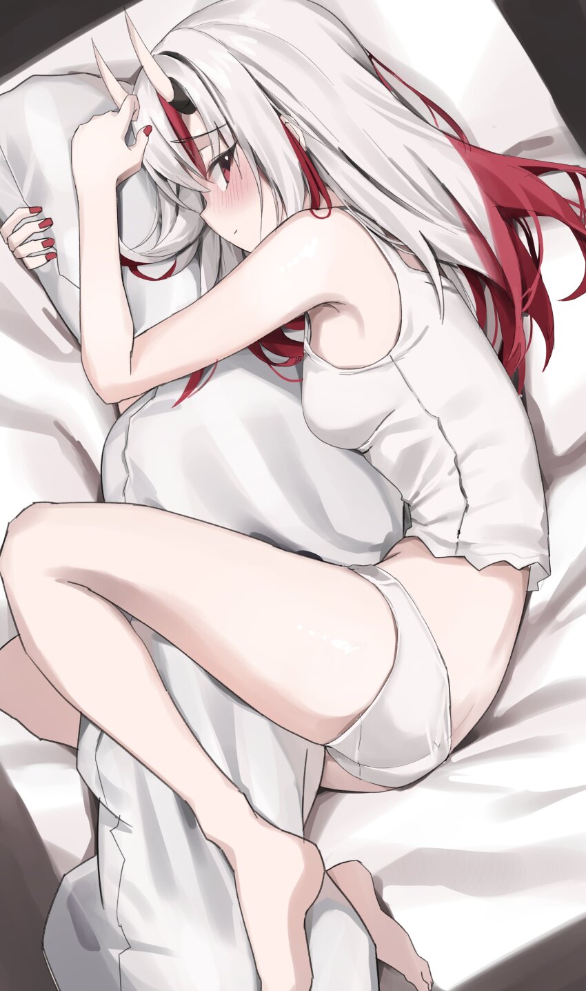 1girl absurdres armpits ass bare_legs bare_shoulders barefoot blush breasts highres hololive horns hugging_object long_hair looking_at_viewer multicolored_hair nakiri_ayame no_bra no_pants on_bed oni panties pillow pillow_hug red_eyes red_hair red_nails scarlet_(wv0102) skin-covered_horns small_breasts solo streaked_hair tank_top underwear virtual_youtuber white_hair white_panties white_tank_top