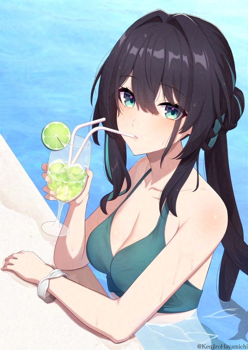 1girl adversarial_noise bare_shoulders bikini black_hair breasts cleavage cup drink drinking_straw green_bikini green_eyes hair_between_eyes hair_intakes highres holding holding_cup honkai:_star_rail honkai_(series) kenjirohayamiti long_hair looking_at_viewer medium_breasts partially_submerged ruan_mei_(honkai:_star_rail) swimsuit upper_body water wet