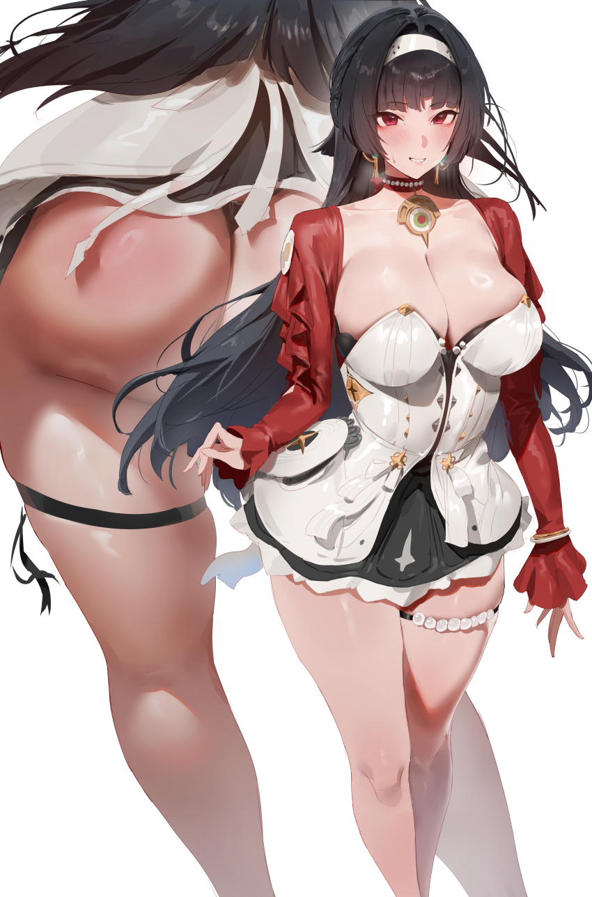 1girl absurdres ass astra_yao black_hair black_panties blush bracelet breasts choker cleavage collarbone commentary earrings feet_out_of_frame hair_ornament hairband highres jewelry large_breasts long_hair long_sleeves looking_at_viewer multiple_views paid_reward_available panties parted_lips red_choker red_eyes rororo simple_background skindentation smile standing thigh_strap underwear white_background white_hairband zenless_zone_zero