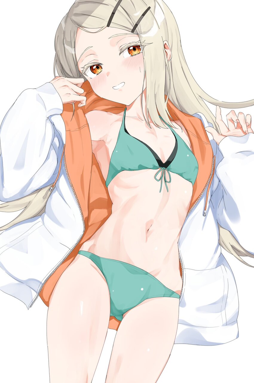 1girl bikini blush collarbone colored_eyelashes cowboy_shot flat_chest flipped_hair front-tie_bikini_top front-tie_top gakuen_idolmaster green_bikini grin hair_ornament hairclip hands_up highres hood hood_down hoodie idolmaster isocha kimi_to_semi_blue_(idolmaster) light_brown_hair long_hair long_sleeves looking_at_viewer navel open_clothes open_hoodie orange_eyes shinosawa_hiro simple_background smile solo standing sweatdrop swimsuit white_background white_hoodie zipper