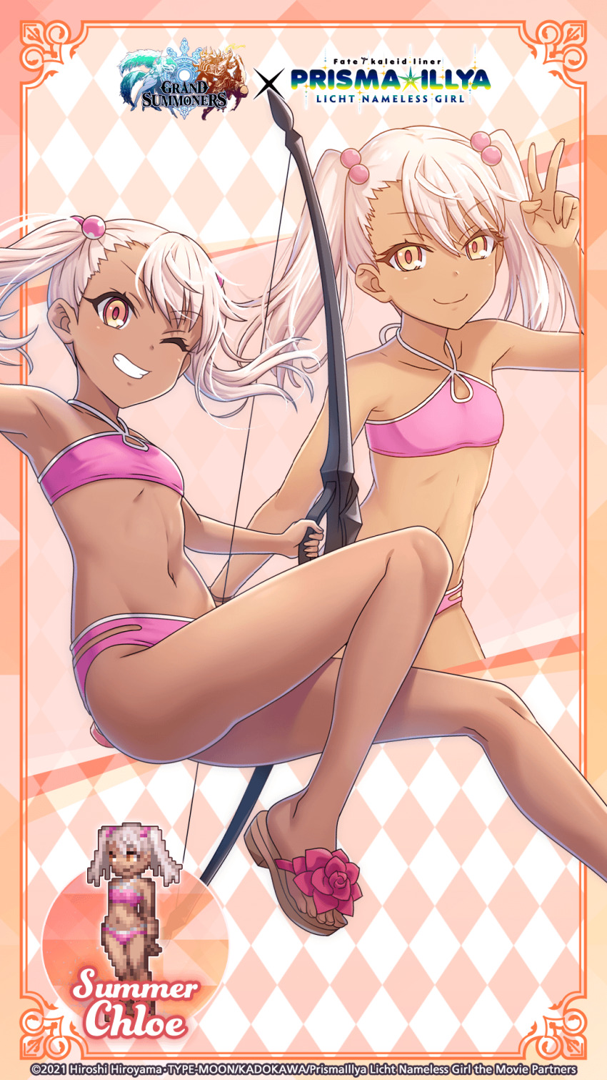 1girl ass bare_legs bare_shoulders bikini bow_(weapon) breasts chloe_von_einzbern closed_mouth copyright_notice dark-skinned_female dark_skin fate/kaleid_liner_prisma_illya fate_(series) grand_summoners grin highres holding holding_bow_(weapon) holding_weapon knees legs looking_at_viewer multiple_views navel official_art one_eye_closed pink_bikini pink_hair small_breasts smile stomach swimsuit thighs twintails weapon yellow_eyes