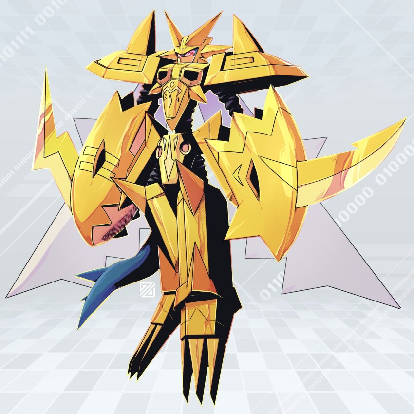 absurdres addriano_divino armor blue_skin colored_skin digimon digimon_(creature) dragon fladramon full_body fusion gold_armor gold_helmet highres lighdramon magnamon omegamon red_eyes shoulder_armor solo