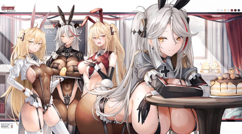 absurdres admiral_hipper_(azur_lane) aegir_(azur_lane) alternate_costume animal_ears ass azur_lane bent_over black_bra black_garter_straps black_gloves bluecher_(azur_lane) bra breast_curtains breasts brown_pantyhose cake commentary_request covered_navel cross cross_earrings demon_horns earrings elbow_gloves epaulettes fake_animal_ears fake_tail food garter_straps gloves gluteal_fold green_eyes grey_hair hair_between_eyes hair_ribbon hand_on_own_chest hanging_breasts highres holding holding_tray horns huge_breasts indoors iron_blood_(emblem) jewelry large_breasts long_hair long_sleeves looking_at_viewer manjuu_(azur_lane) medium_breasts menu_board mole mole_on_breast multicolored_hair nontraditional_playboy_bunny open_mouth pantyhose prinz_eugen_(azur_lane) rabbit_ears red_eyes red_hair ribbon round_table siblings sisters skindentation sleeveless slit_pupils small_breasts streaked_hair table tail thigh_gap thighhighs tray two-tone_hair underwear very_long_hair white_thighhighs wrist_cuffs yellow_eyes yusha_m