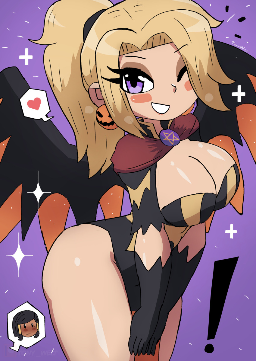 ! 2girls absurdres black_gloves black_hair black_leotard blizzard_(company) blonde_hair blush breasts cleavage dark_skin demon_girl demon_wings earrings eye_of_horus facial_tattoo gloves grin hair_over_one_eye halloween halloween_costume heart highres jack-o&#039;-lantern jack-o&#039;-lantern_earrings jewelry large_breasts leotard long_hair looking_at_viewer mercy_(overwatch) multiple_girls overwatch pentacle pentagram pharah_(overwatch) ponytail purple_background purple_eyes short_hair smile sparkle speech_bubble spoken_character spoken_heart standing tattoo teeth thick_thighs thighs tony_welt wide_hips wings