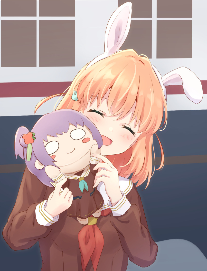 1girl ^_^ absurdres animal_ear_hairband animal_ears aqua_neckerchief blush_stickers brown_dress character_doll closed_eyes closed_mouth commentary crossed_bangs doll dress fake_animal_ears flower hair_bun hair_flower hair_ornament hairband hanazora_satsuki hasu_no_sora_school_uniform head_tilt highres hinoshita_kaho holding holding_doll link!_like!_love_live! long_sleeves love_live! medium_dress neckerchief nesoberi open_mouth orange_hair otomune_kozue pleated_dress purple_hair rabbit_ear_hairband rabbit_ears rabbit_hair_ornament red_flower red_neckerchief sailor_collar sailor_dress school_uniform side_ponytail single_side_bun smile solo two_side_up upper_body white_sailor_collar winter_uniform