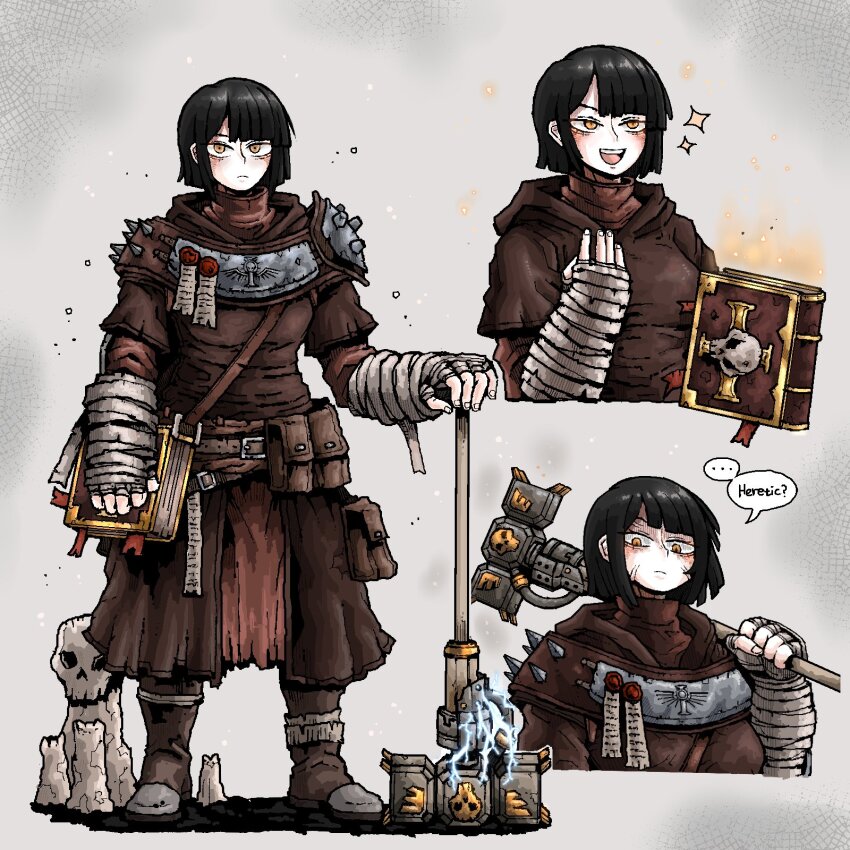 1girl adeptus_ministorum arm_wrap armor blush book candle english_text hand_on_own_chest highres inquisition_(warhammer) octosoup open_mouth orange_eyes pauldrons pouch purity_seal robe short_hair shoulder_armor skull war_hammer warhammer_40k warhammer_40k:_darktide weapon