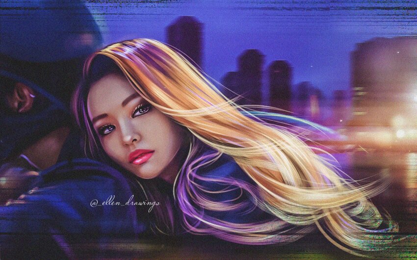 1boy 1girl black_jacket blackpink brown_hair commentary ellendrawings eyeshadow floating_hair helmet highres jacket jennie_(blackpink) k-pop looking_to_the_side makeup mascara night night_sky pink_lips real_life realistic sky twitter_username