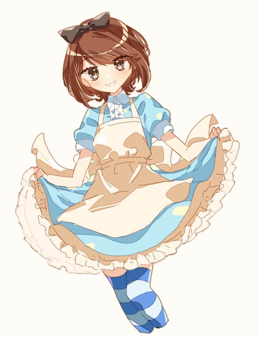 1girl alice_(alice_in_wonderland) alice_(alice_in_wonderland)_(cosplay) alice_in_wonderland apron black_bow blue_dress blue_thighhighs blush bob_cut bow breasts brown_eyes brown_hair collared_dress commentary commission cosplay cropped_legs curtsey dress dutch_angle eyelashes grin hair_bow hajime_(usagi) highres kinuhata_saiai light_blush looking_at_viewer odaibako parted_lips petticoat puffy_short_sleeves puffy_sleeves short_hair short_sleeves simple_background skirt_hold small_breasts smile solo striped_clothes striped_thighhighs thighhighs toaru_kagaku_no_railgun toaru_majutsu_no_index white_apron white_background white_thighhighs