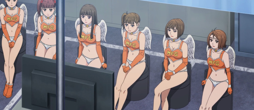 angel_wings anime_screenshot ass bikini breasts collar crop_top elbow_gloves gloves hamazaki_moe kurihara_kyoko makeup medium_breasts mf_ghost multiple_girls panties race_queen saionji_ren sato_mami sawamura_marie solo stitched swimsuit third-party_edit underwear white_panties wings