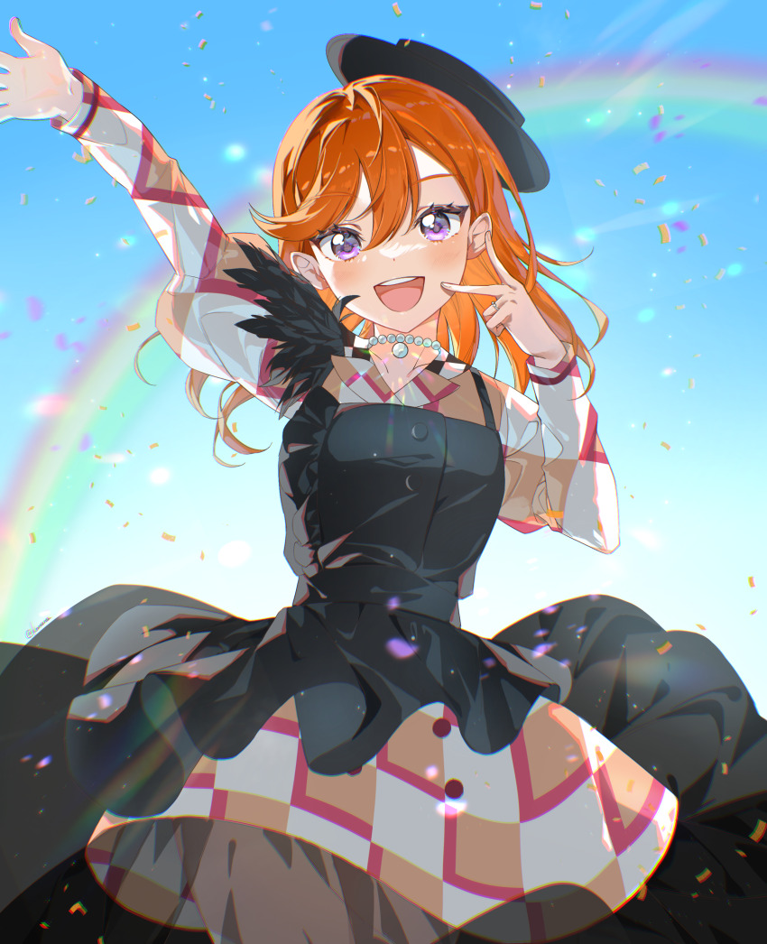 1girl :d absurdres arm_up black_dress black_hat blue_sky checkered_clothes checkered_dress chromatic_aberration cowboy_shot day dress hat highres jingshenquan juliet_sleeves let&#039;s_be_one_(love_live!) long_hair long_sleeves love_live! love_live!_superstar!! multicolored_clothes multicolored_dress official_alternate_costume open_mouth orange_dress orange_hair puffy_sleeves purple_eyes rainbow shibuya_kanon short_dress sky smile solo teeth tilted_hat upper_teeth_only white_dress