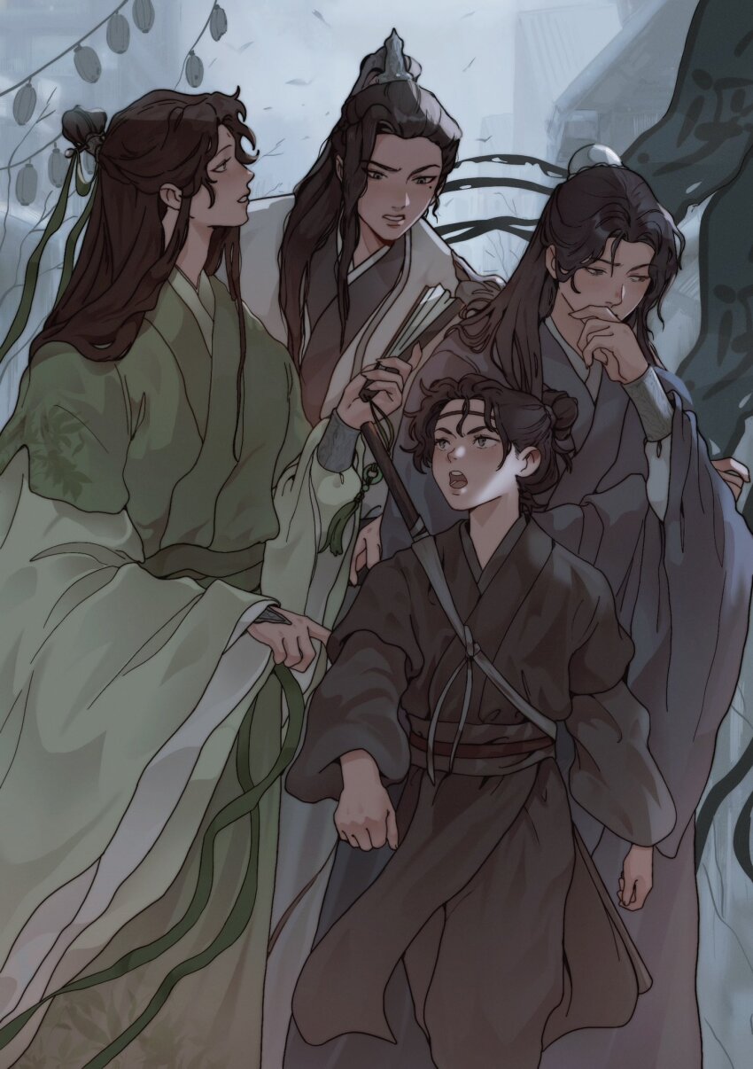 4boys architecture armor bindi brown_hair bun_cover chinese_clothes commentary djuney9 east_asian_architecture falling_leaves feet_out_of_frame folding_fan furrowed_brow green_eyes green_hanfu green_ribbon grey_eyes grey_hanfu hair_bun hand_fan hand_on_own_face hanfu headband high_ponytail highres jian_(weapon) lantern leaf liu_qingge long_hair long_sleeves looking_at_another looking_to_the_side male_focus mole mole_under_eye mu_qingfang multiple_boys open_mouth outdoors paper_lantern renzha_fanpai_zijiu_xitong ribbon ribboned_xiao_guan shen_qingqiu shoulder_armor standing sword symbol-only_commentary tassel walking weapon white_hanfu wide_sleeves xiao_guan_(headdress) yang_yixuan