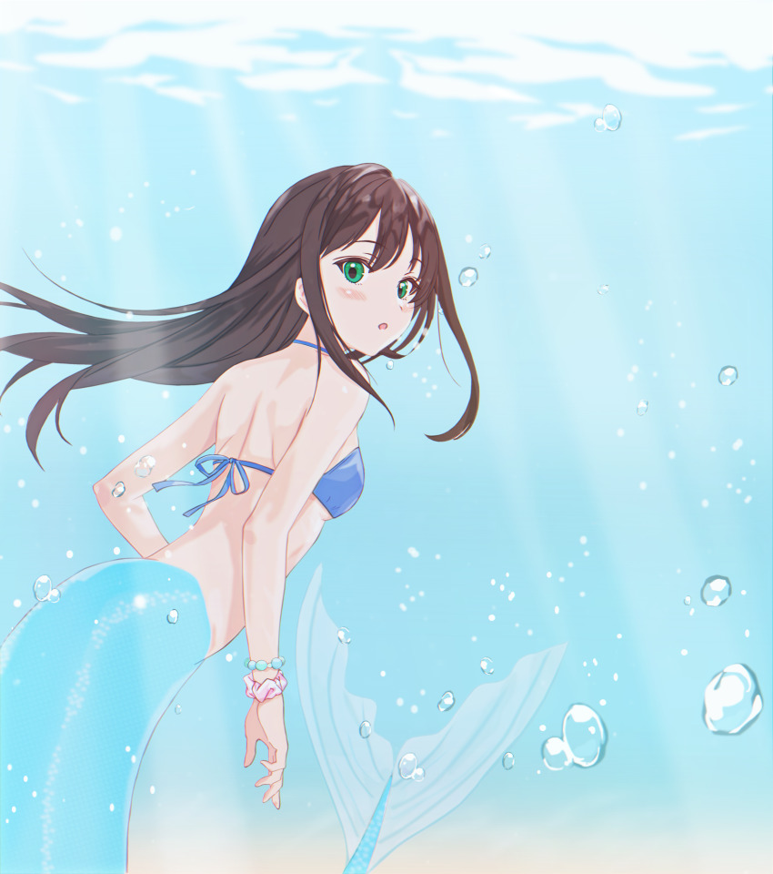 1girl :o absurdres bikini bikini_top_only brown_hair green_eyes highres idolmaster idolmaster_cinderella_girls mermaid monster_girl rinshi scrunchie shibuya_rin swimsuit tail