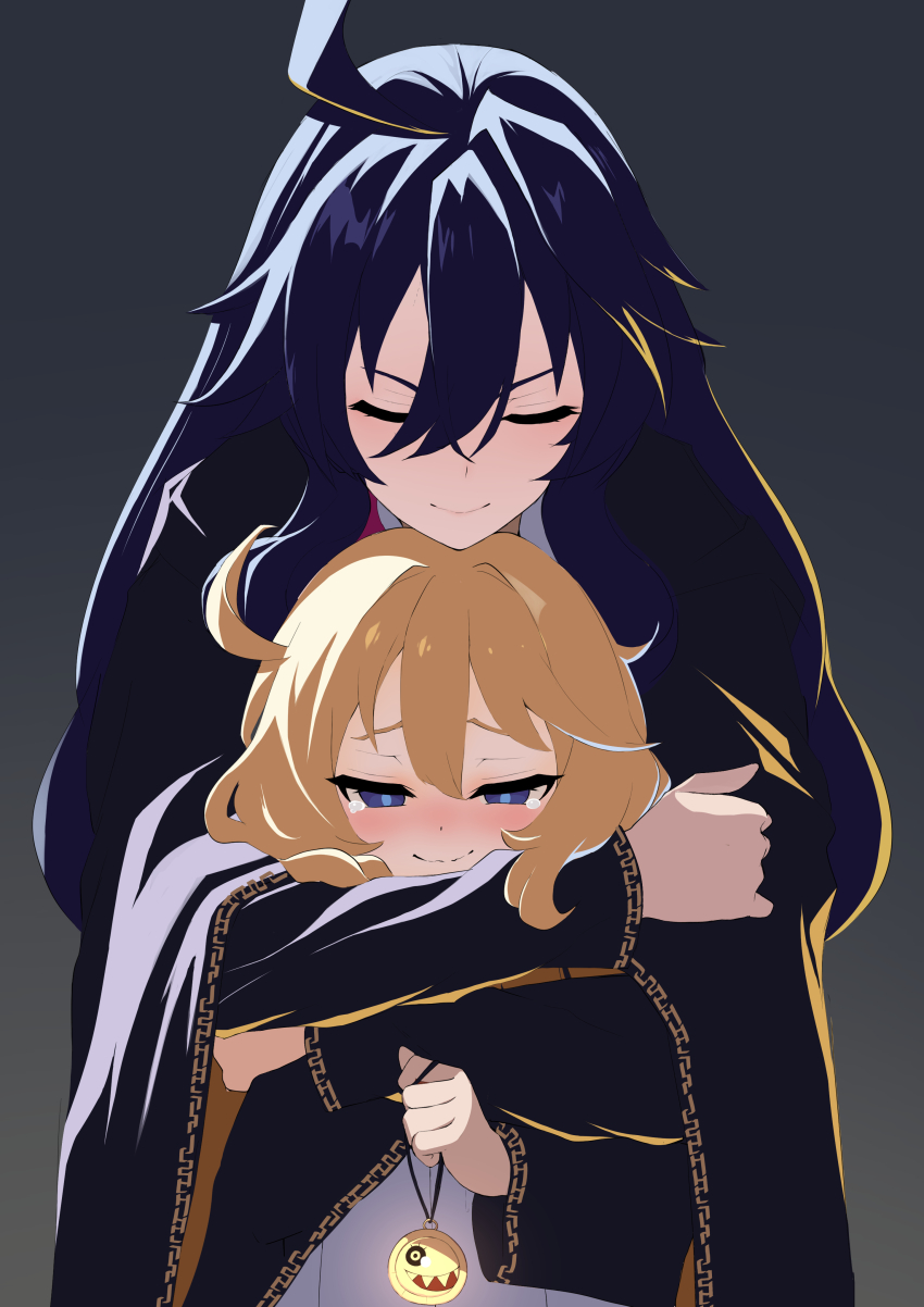 2girls absurdres black_cloak black_hair blonde_hair blue_eyes cloak closed_eyes crying dronia_(majo_no_ryodan) gradient_background highres holding holding_jewelry holding_necklace hug jewelry light_blush long_hair luca_(majo_no_ryodan) multiple_girls necklace okayusonmu refrain_no_chika_meikyuu_to_majo_no_ryodan simple_background