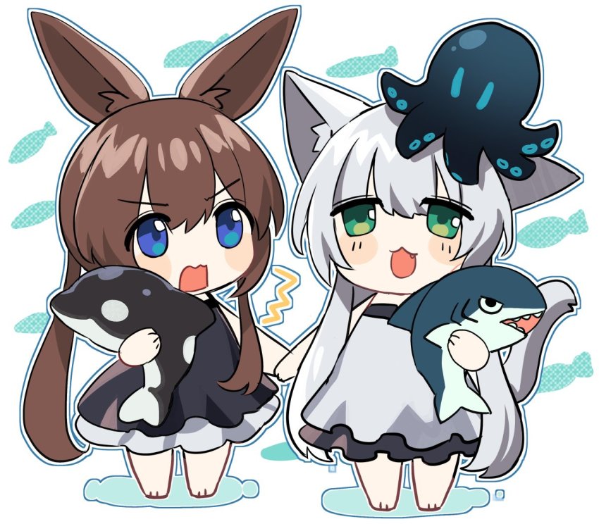 2girls amiya_(arknights) animal_ears arknights black_dress blue_eyes blush brown_hair cat_ears cat_girl cat_tail chibi dress fang fang_out female_focus green_eyes holding_hands jitome long_hair multiple_girls nicole_(lion) open_mouth ponytail rabbit_ears rabbit_girl rosmontis_(arknights) silver_hair stuffed_animal stuffed_octopus stuffed_orca stuffed_shark stuffed_toy tail white_dress