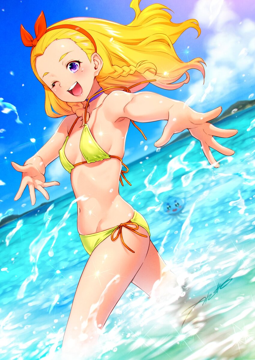 1girl :d amamiya_elena bare_arms bare_legs bikini blonde_hair blue_sky blurry blurry_background blush bow bow_hairband breasts choker cloud collarbone covered_navel day floating_hair groin hair_bow hairband highres island kazuma_muramasa long_hair looking_at_viewer navel ocean open_mouth orange_ribbon outdoors precure purple_choker purple_eyes red_bow red_hairband ribbon side-tie_bikini_bottom sideboob signature sky small_breasts smile solo splashing star_twinkle_precure summer swimsuit wading wardrobe_malfunction yellow_bikini