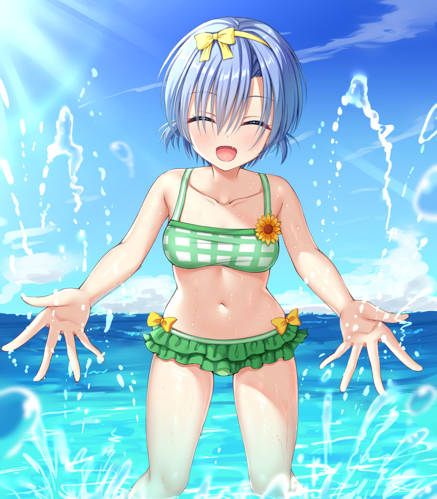 1girl bikini bikini_skirt blue_hair blue_sky blush breasts closed_eyes collarbone commentary_request day facing_viewer fang green_bikini hair_between_eyes highres hiiragi_shiori kakenuke_seishun_sparking! navel ncontrail_(mgax7527) open_mouth outdoors short_hair sky small_breasts smile solo stomach swimsuit wading water wet