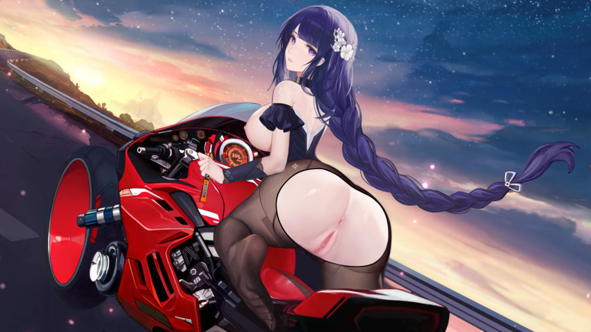 1girl ass bare_shoulders black_pantyhose breasts genshin_impact highres long_braid long_hair looking_at_viewer motor_vehicle motorcycle pantyhose purple_eyes purple_hair pussy raiden_shogun solo torn_clothes yizhibao