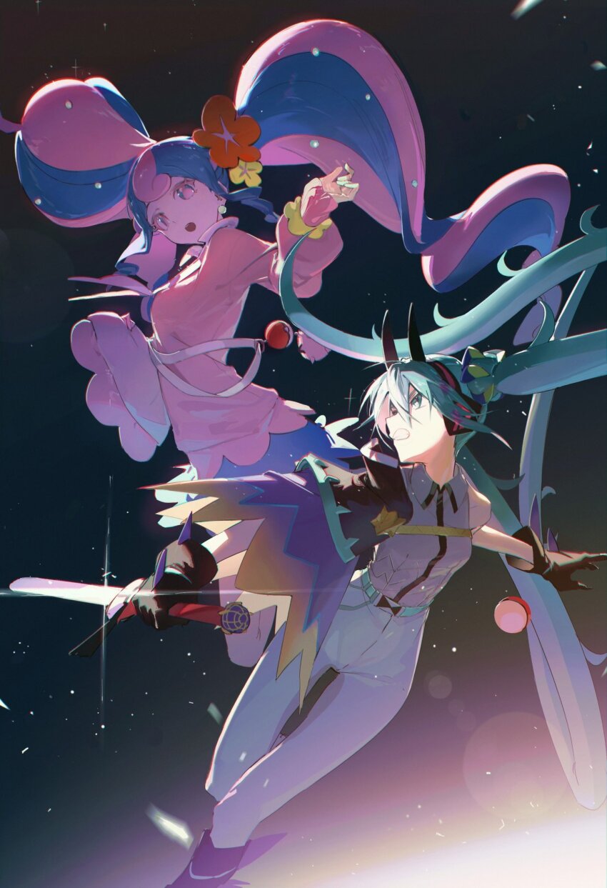 2girls creatures_(company) dragon_miku_(project_voltage) fairy_miku_(project_voltage) game_freak hatsune_miku highres holding holding_sword holding_weapon karasuro long_hair multiple_girls nintendo pokemon project_voltage sword twintails very_long_hair vocaloid weapon